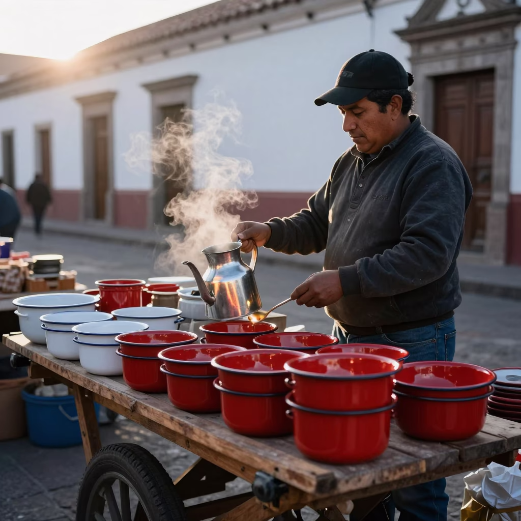 Quito Ecuador Morning Market Stall with Enamel Bowls and Sunlight in in Quito, Ecuador