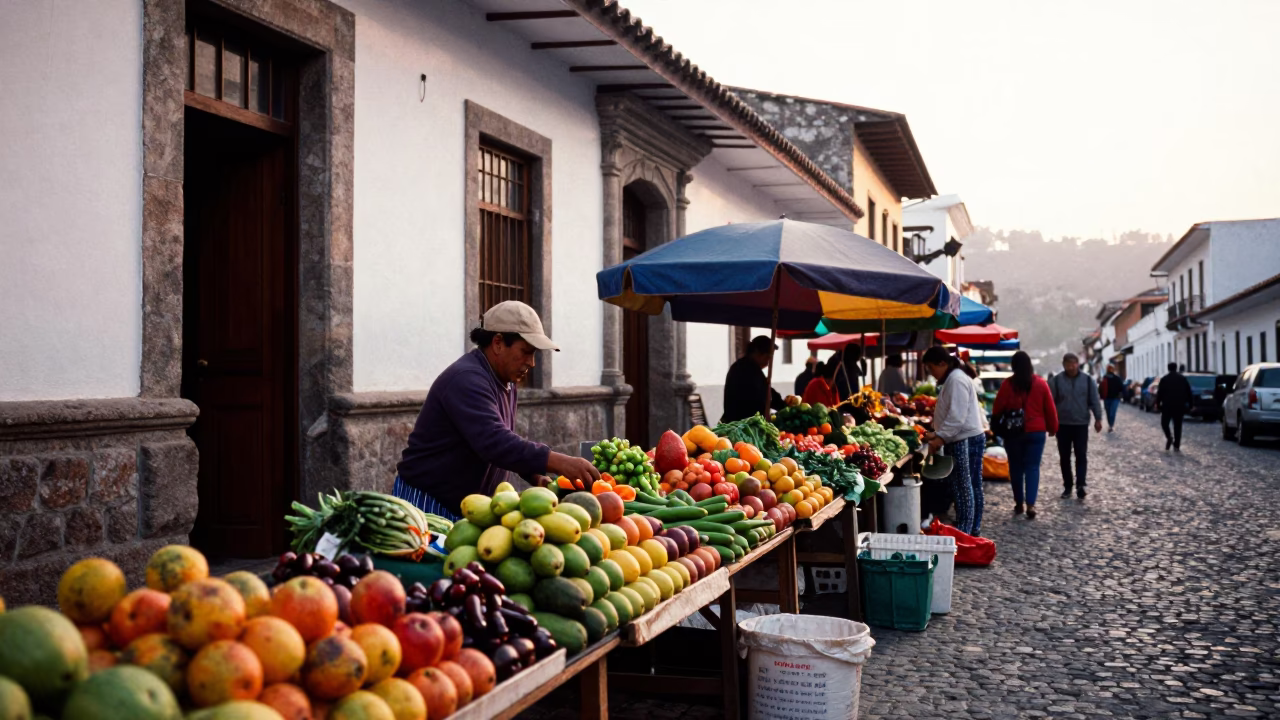 Quito Ecuador Morning Market Street Scene with Colorful Local Vendor Activity in in Quito, Ecuador