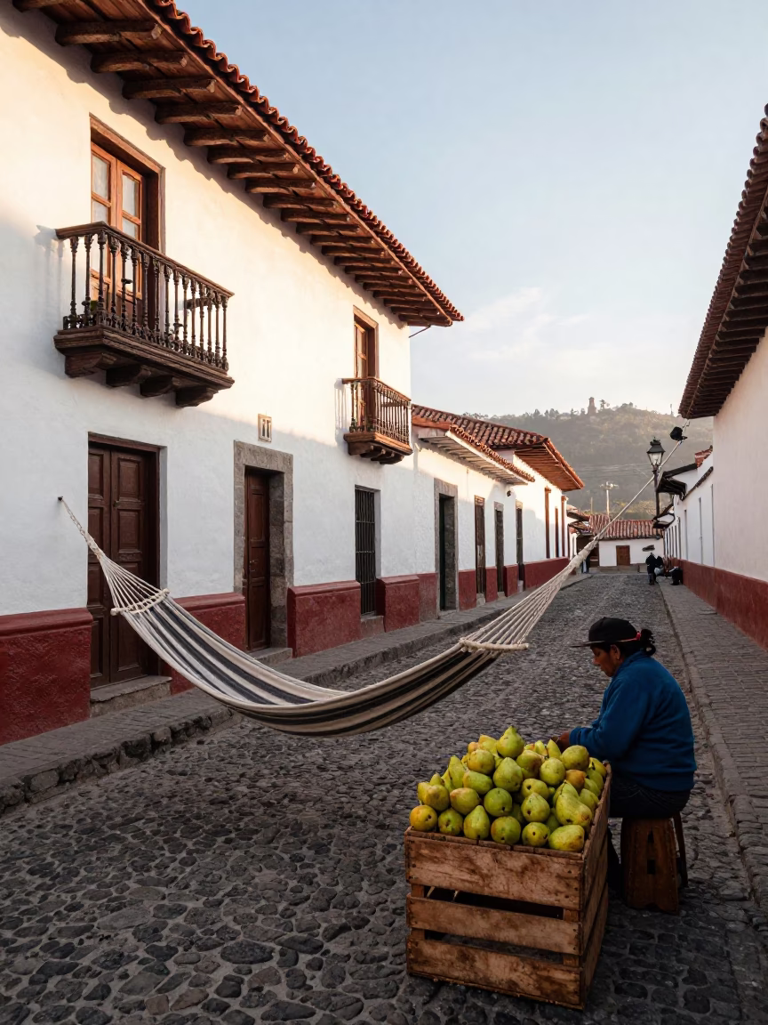 Quito Ecuador Morning Street Scene with Hammock and Pears Near Colonial Architecture in in Quito, Ecuador