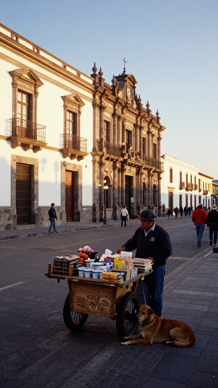Quito Ecuador Morning Street Scene with Local Vendor and Brown Dog in in Quito, Ecuador