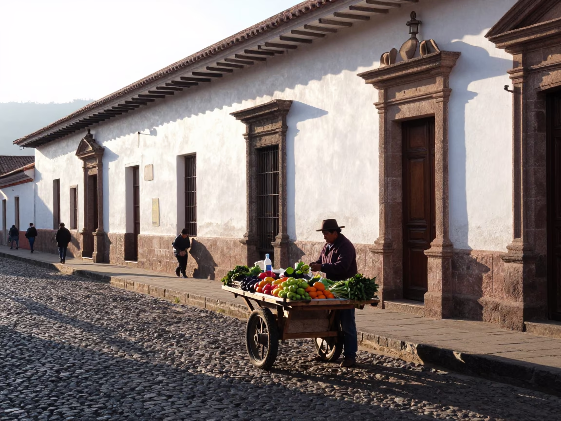 Quito Ecuador Morning Street Scene with Local Vendor and Traditional Architecture in in Quito, Ecuador