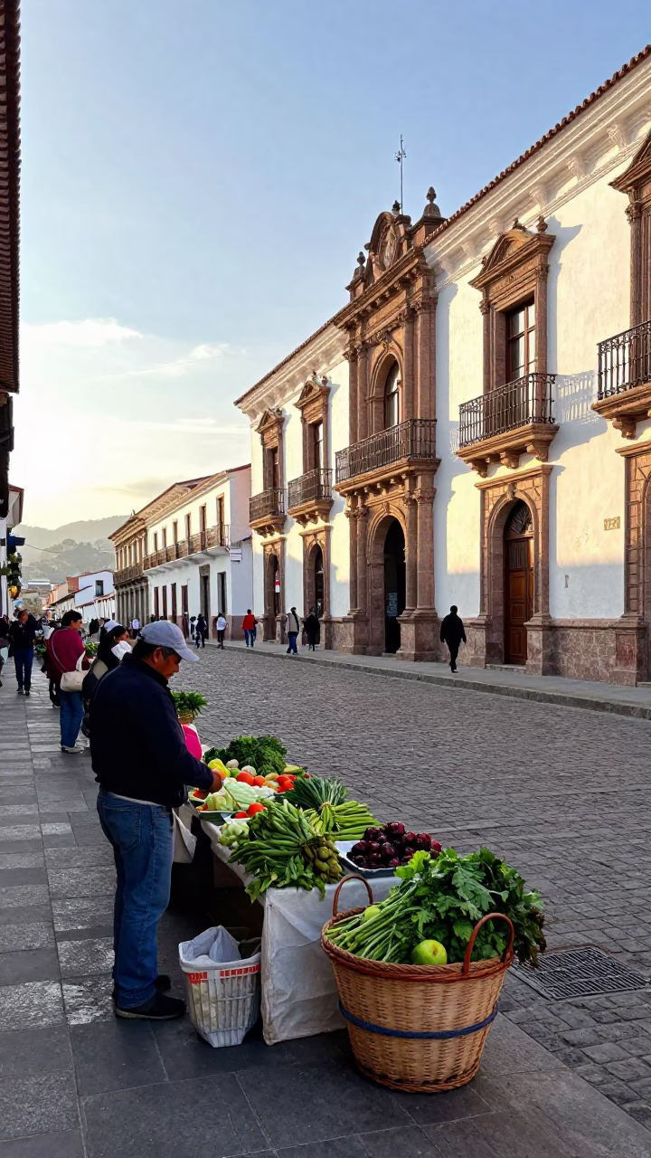 Quito Ecuador Morning Street Scene with Traditional Market Basket and Local Vendor in in Quito, Ecuador