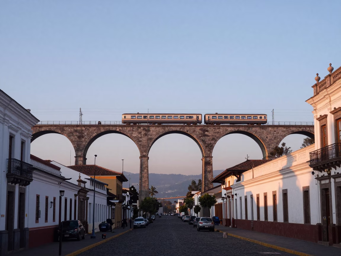 Quito Ecuador Nautical Dawn Railway Viaduct Arches Train Passing Andes Sky in in Quito, Ecuador