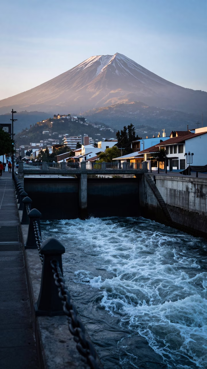 Quito Ecuador Nautical Dawn River Foam Sluice Gate Walkway Chain Ferry Crossing in in Quito, Ecuador