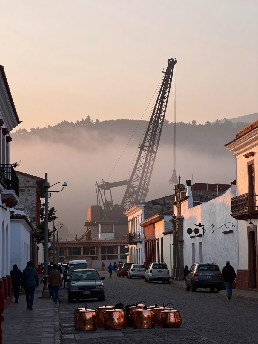 Quito Ecuador Nautical Dawn Street Scene with Copper Pots and Construction in in Quito, Ecuador