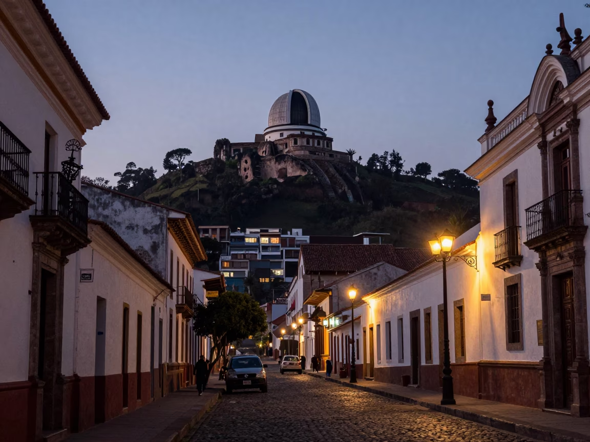 Quito Ecuador Nautical Dawn Street Scene with Crumbling Hilltop Observatory and Urban Life in in Quito, Ecuador