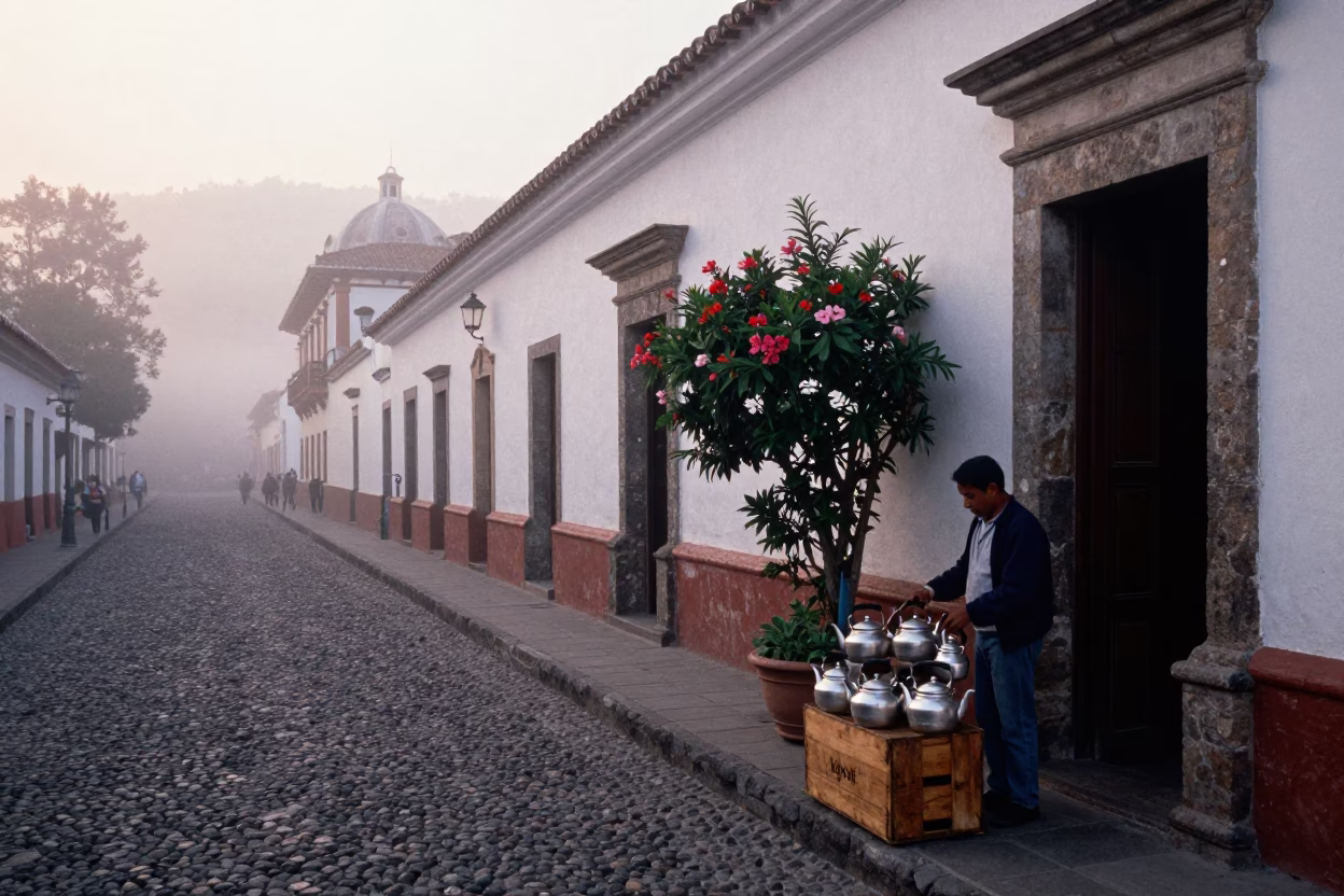Quito Ecuador Nautical Dawn Street Scene with Flowering Plant and Tea Kettles in in Quito, Ecuador