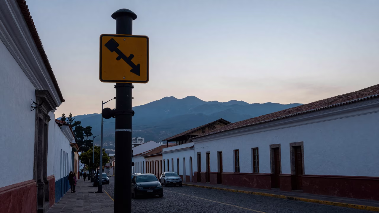 Quito Ecuador Nautical Dawn Street Scene with Gas Pipeline Marker and Colonial Architecture in in Quito, Ecuador