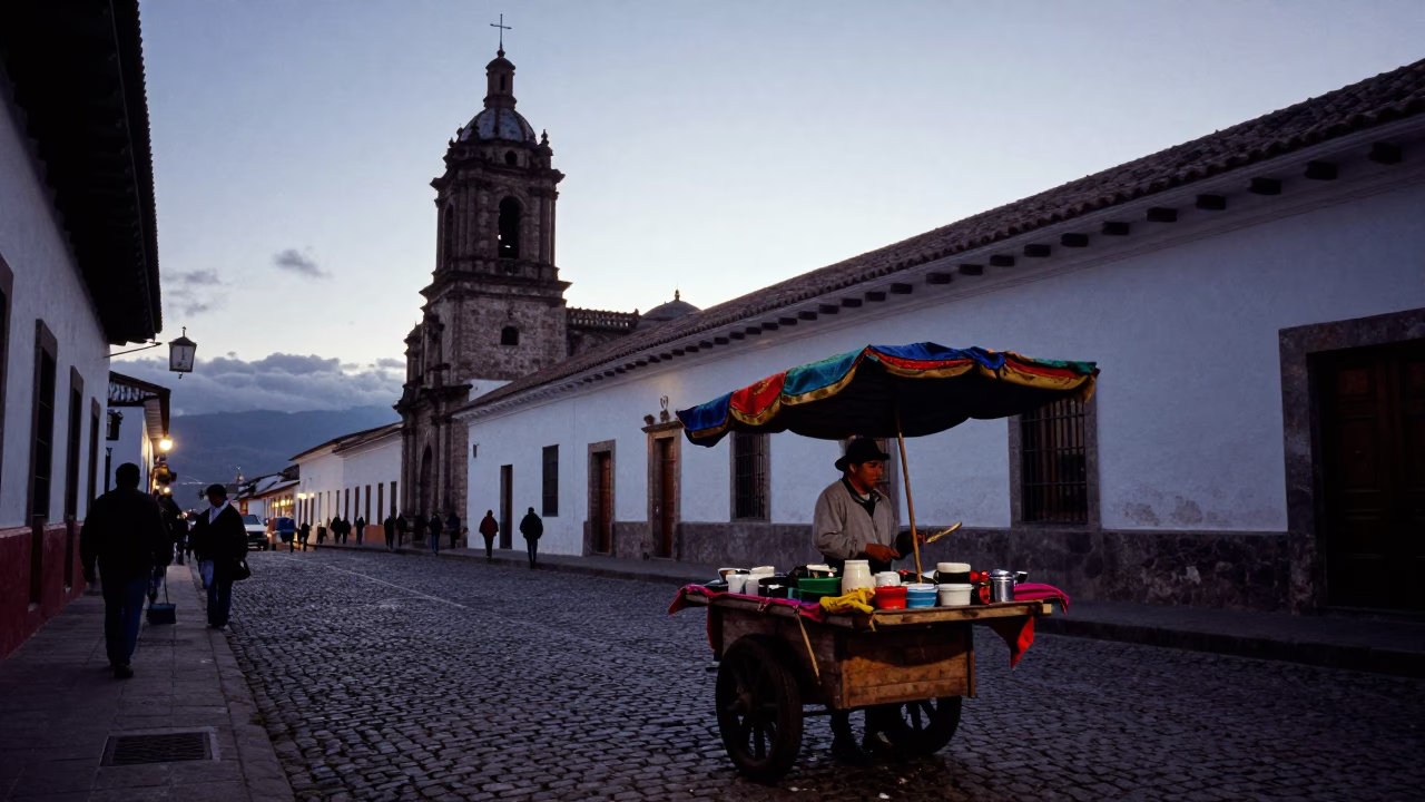Quito Ecuador Nautical Dawn Street Scene with Local Market Vendor and Colorful Umbrella in in Quito, Ecuador