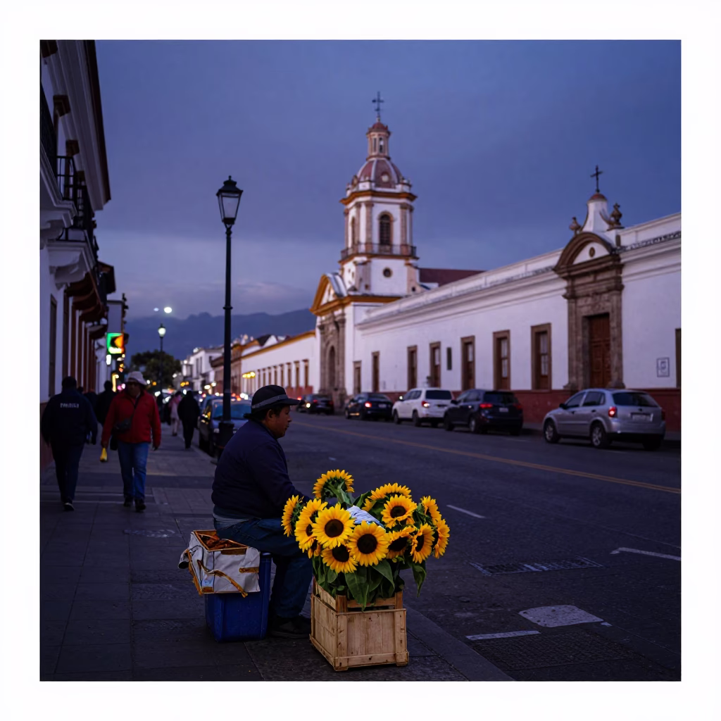 Quito Ecuador Nautical Dawn Street Scene with Local Vendor and Sunflowers in in Quito, Ecuador