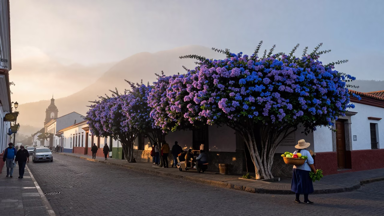 Quito Ecuador Nautical Dawn Street Scene with Plumbago Hedge and Urban Activity in in Quito, Ecuador