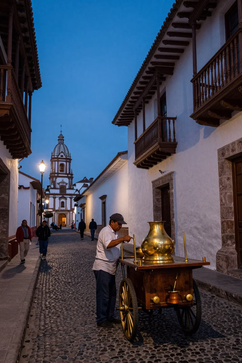 Quito Ecuador Nautical Dawn Street Scene with Polished Brass and Rustic Elements in in Quito, Ecuador