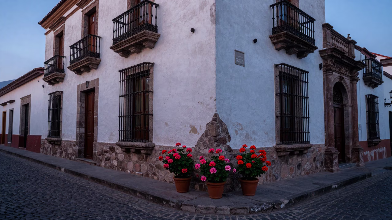 Quito Ecuador Nautical Dawn Street Scene with Potted Geraniums and Colonial Architecture in in Quito, Ecuador