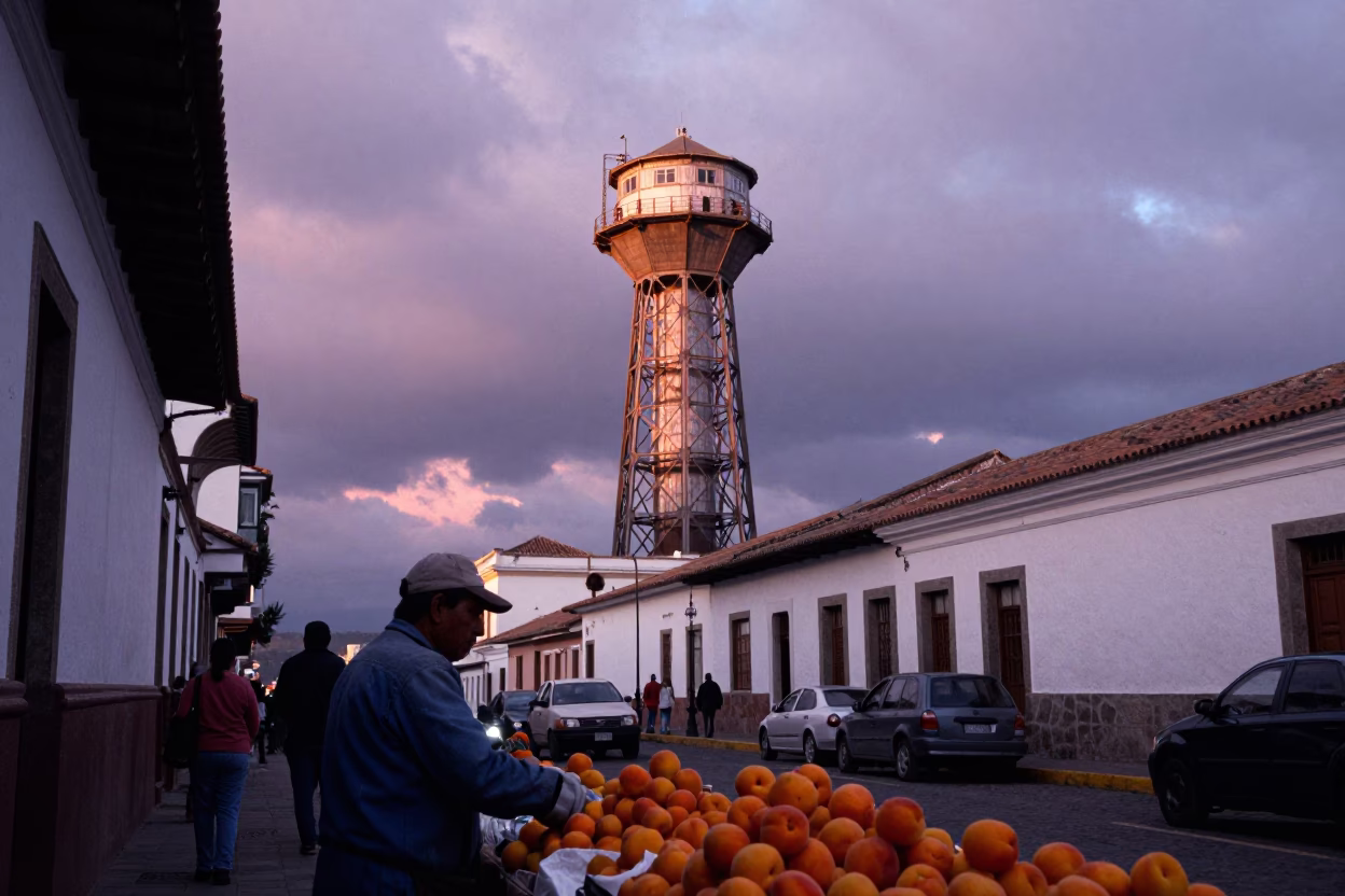 Quito Ecuador Nautical Dawn Street Scene with Reservoir Tower and Urban Life in in Quito, Ecuador