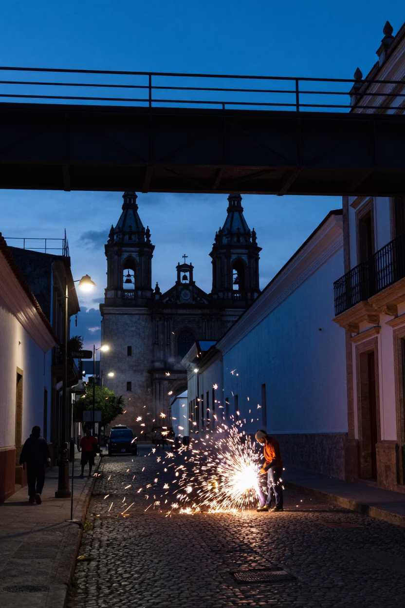 Quito Ecuador Nautical Dawn Street Scene with Welding Sparks and Bridge Construction in in Quito, Ecuador