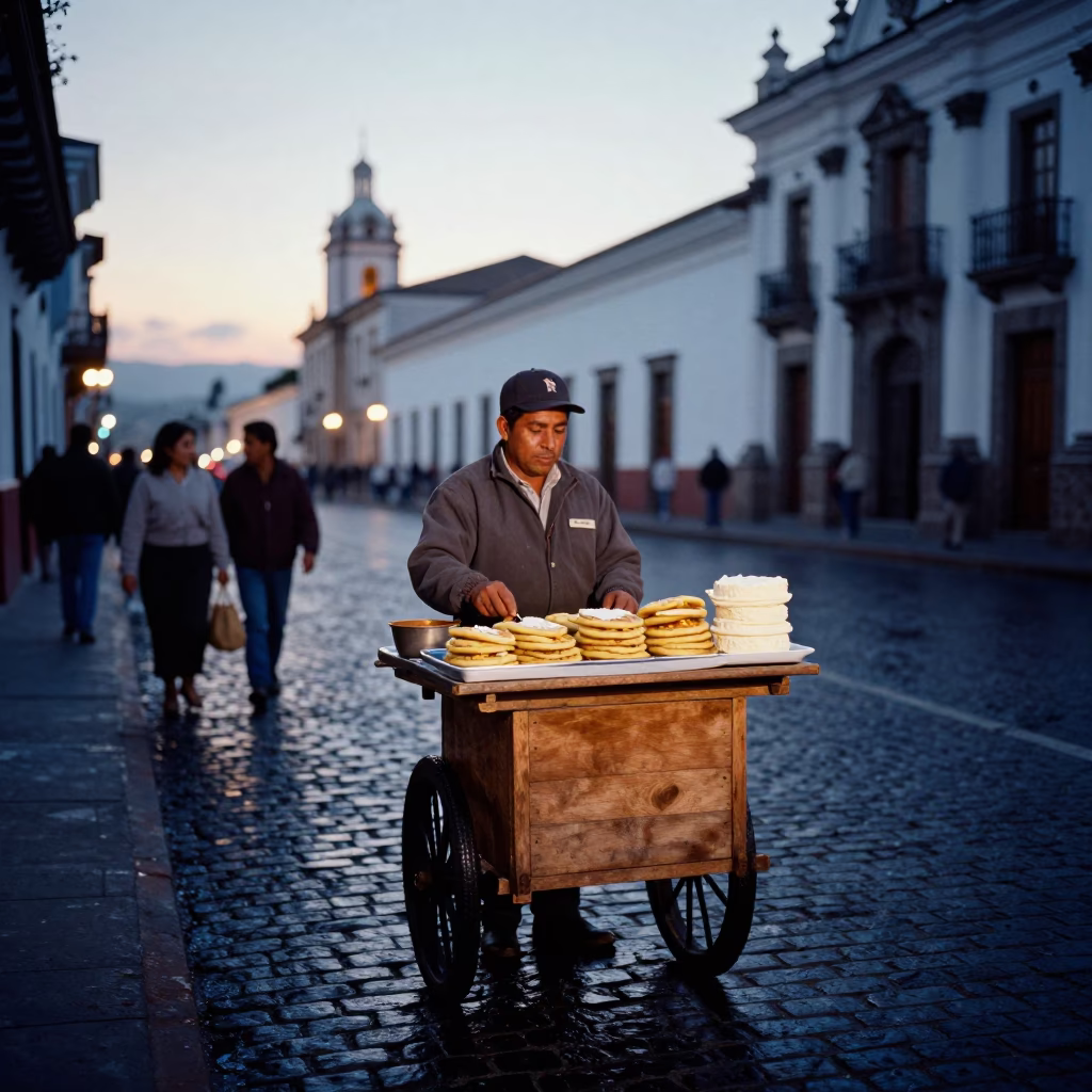 Quito Ecuador Nautical Dawn Street Vendor Selling Arepas with Cheese Filling in in Quito, Ecuador
