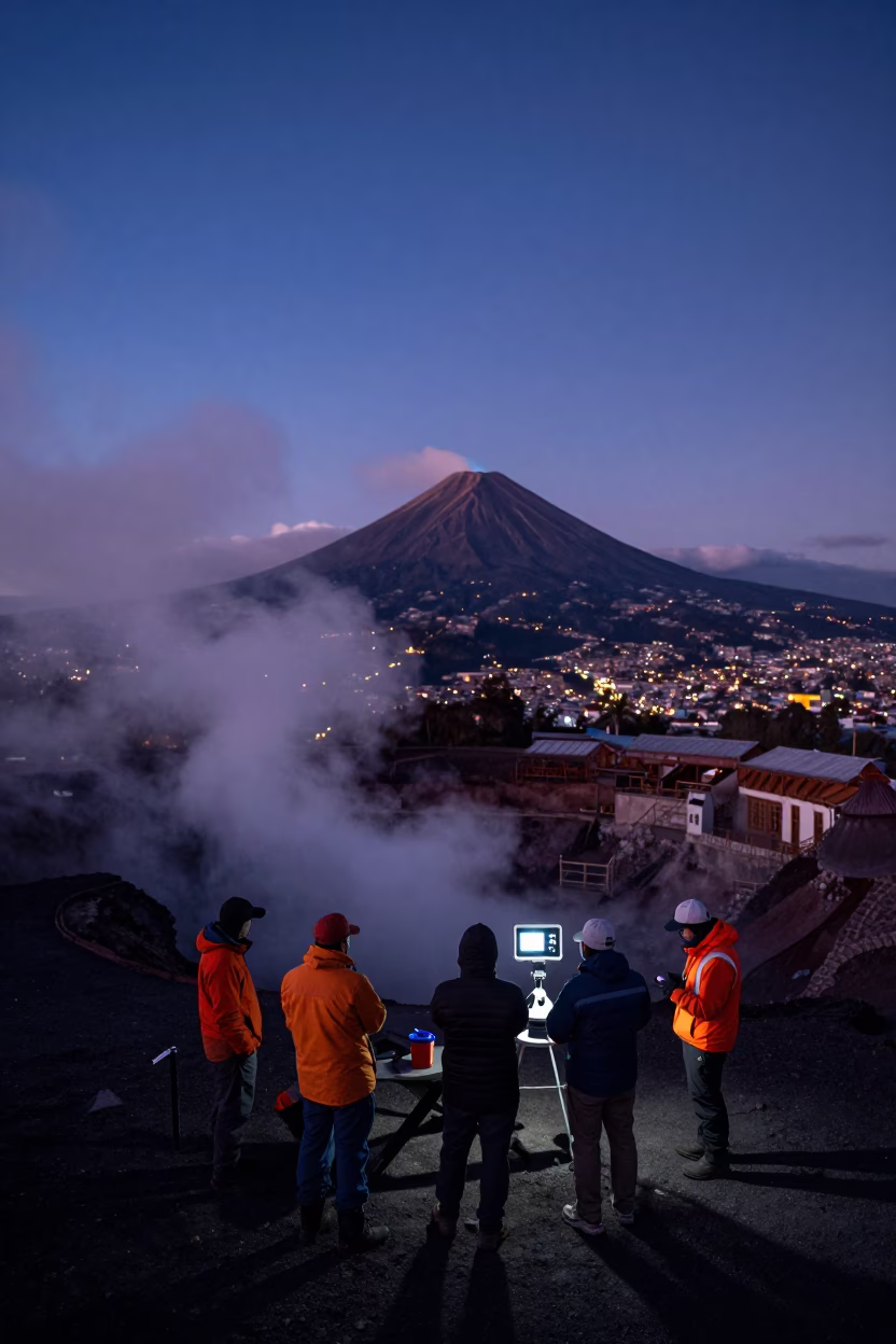 Quito Ecuador Nautical Dawn Volcanology Team Checking Instruments Near Steaming Vent in in Quito, Ecuador