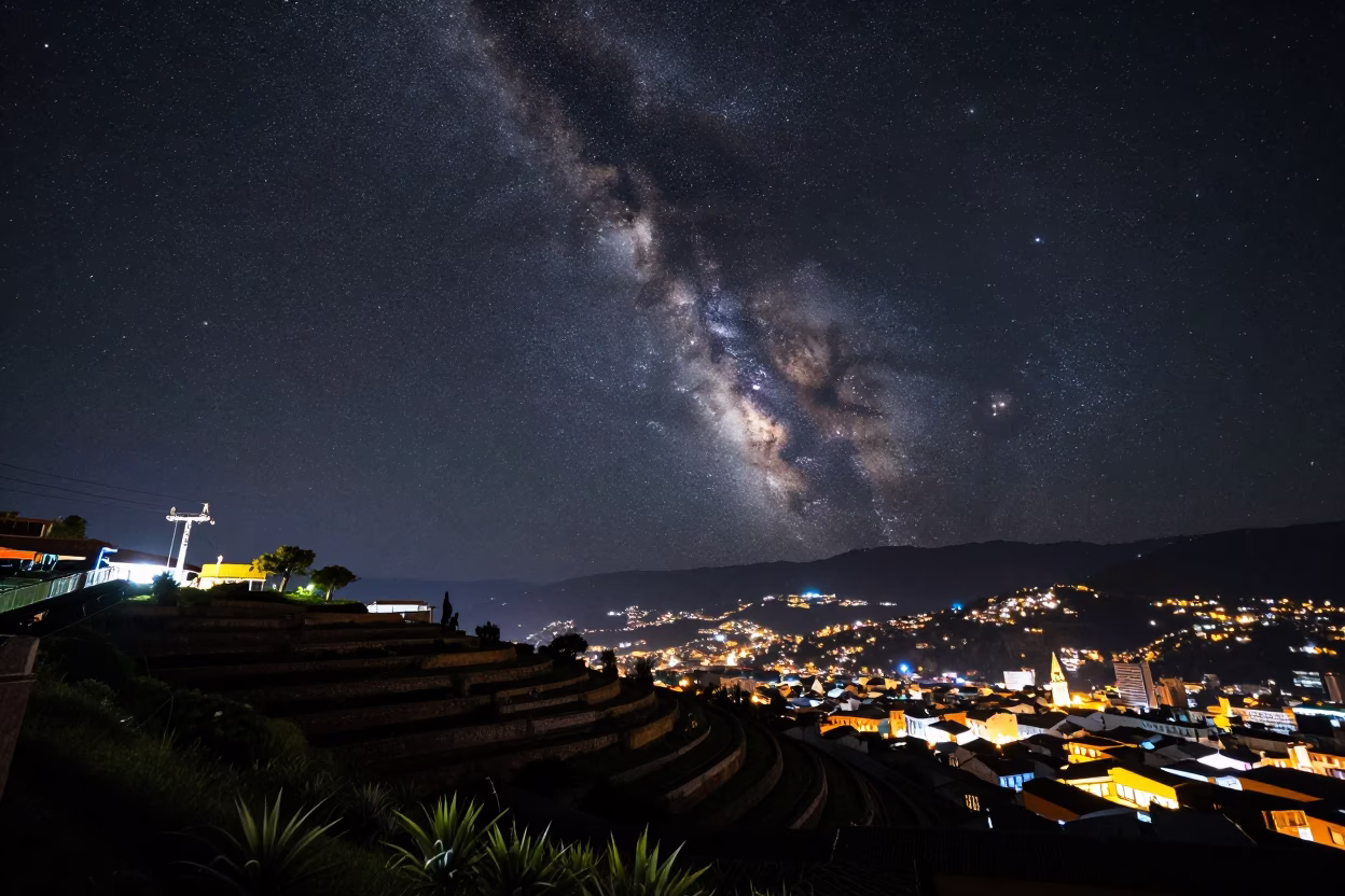 Quito Ecuador Night Sky Panorama With Funicular Railway And Terraced Hills in in Quito, Ecuador