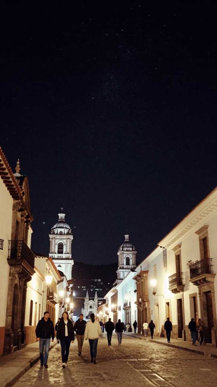 Quito Ecuador Night Street Scene Under Deep Starry Sky With Local Life in in Quito, Ecuador