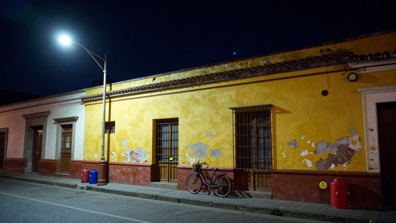 Quito Ecuador Night Street Scene with Bicycle and Canisters Under Starry Sky in in Quito, Ecuador