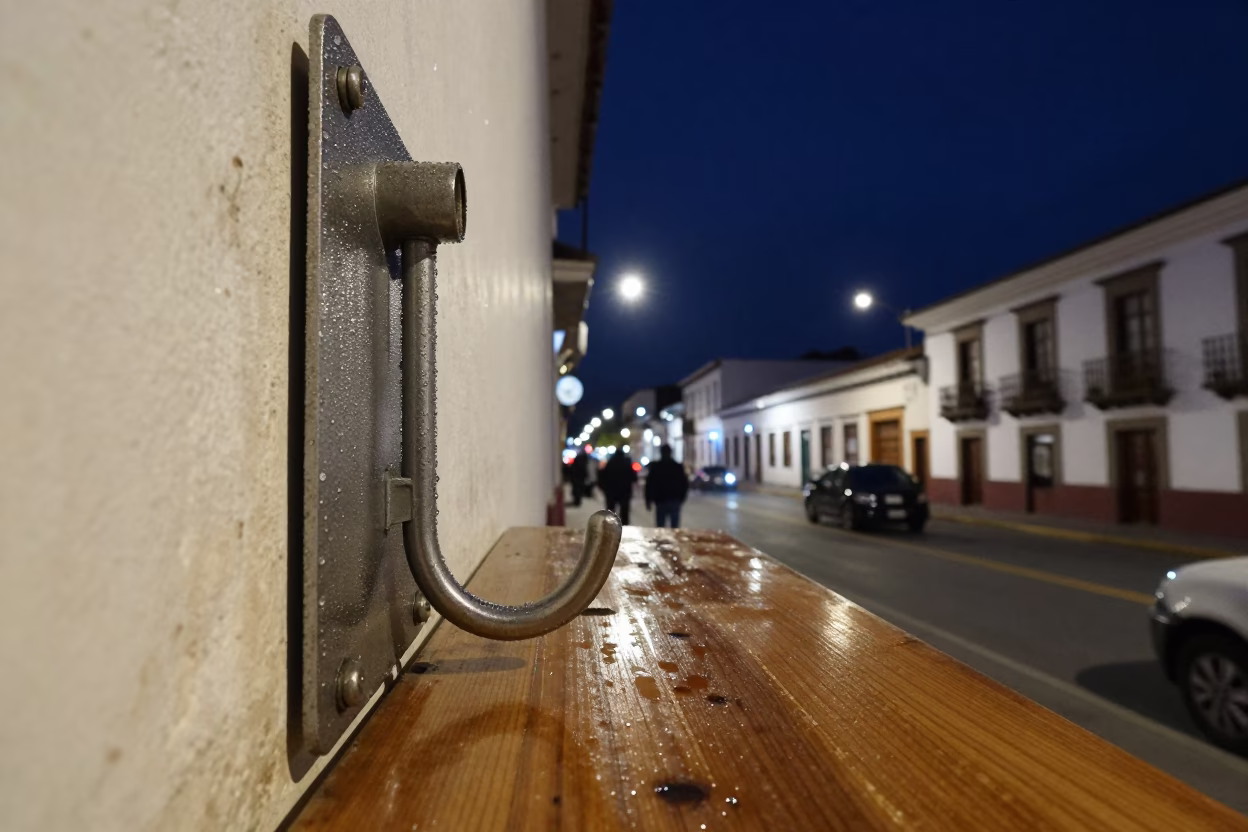 Quito Ecuador Night Street Scene with Condensation on Metal Fixture and Wicker Shadow in in Quito, Ecuador