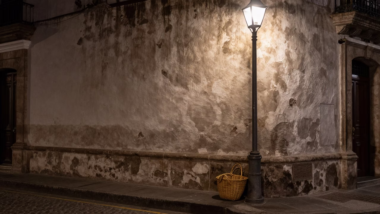 Quito Ecuador Night Street Scene with Grease Stained Wall and Basket in in Quito, Ecuador