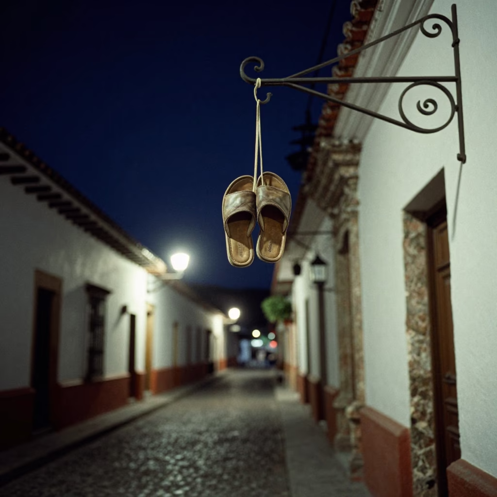 Quito Ecuador Night Street Scene with Hanging Slippers and Iron Hook Details in in Quito, Ecuador