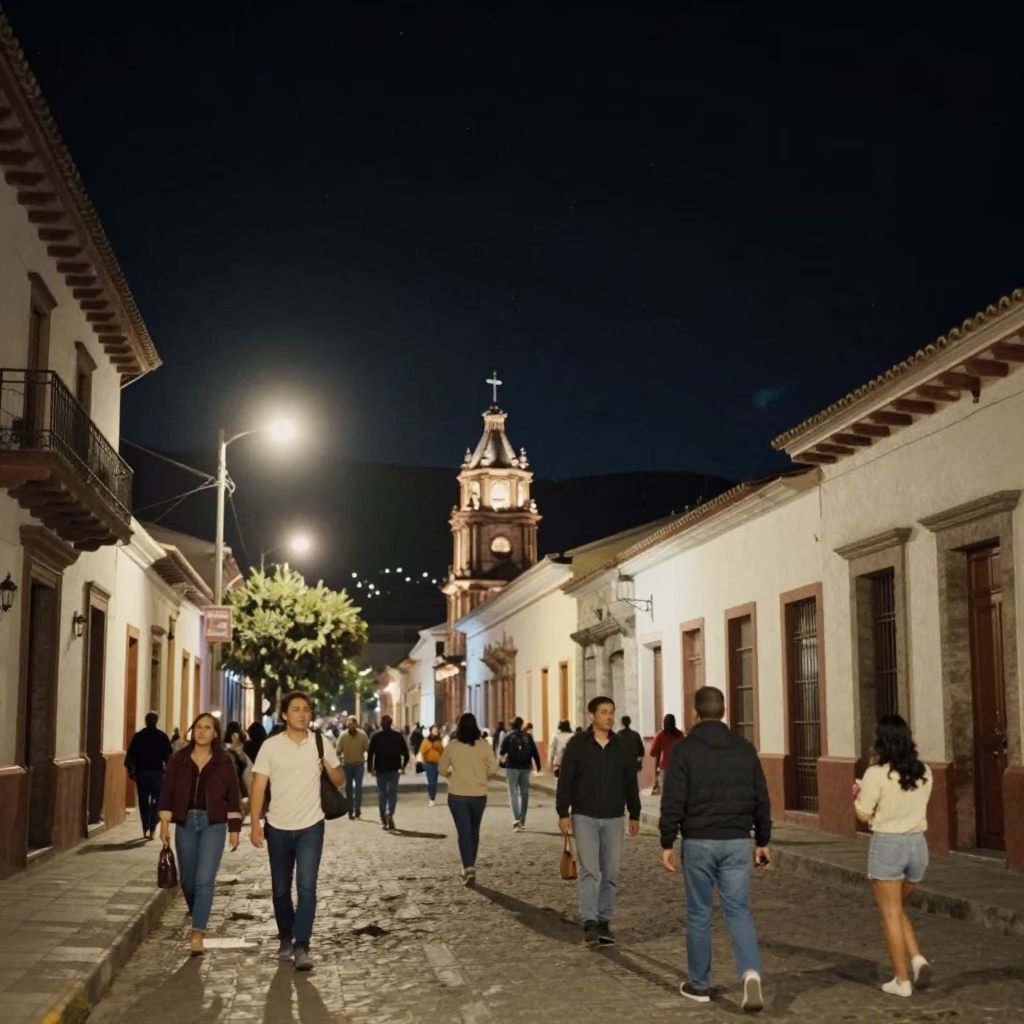 Quito Ecuador Night Street Scene with Vintage 1970s Aesthetic and Urban Details in in Quito, Ecuador
