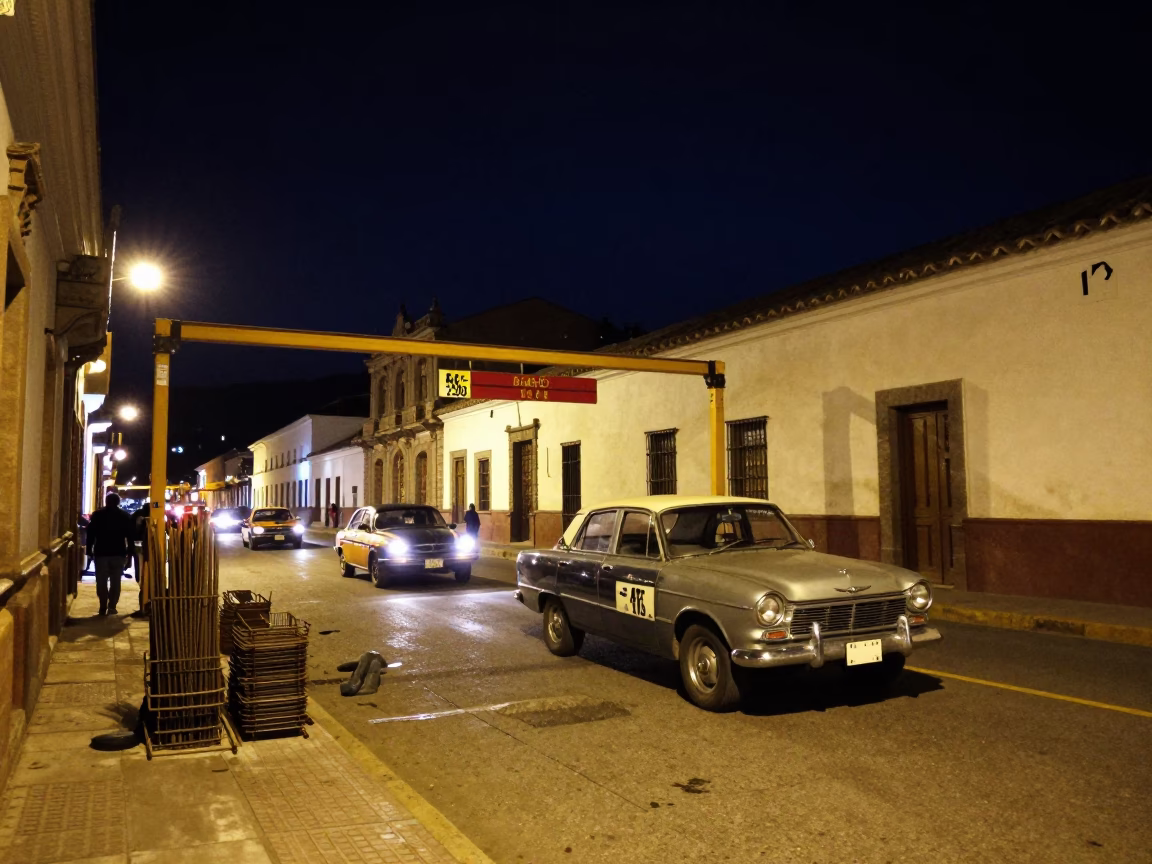 Quito Ecuador Night Street Scene with Vintage Car Rally and Construction Site in in Quito, Ecuador