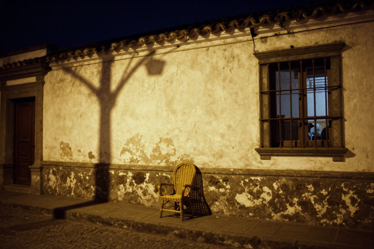 Quito Ecuador Night Street Scene with Wicker Shadow and Window Light in in Quito, Ecuador