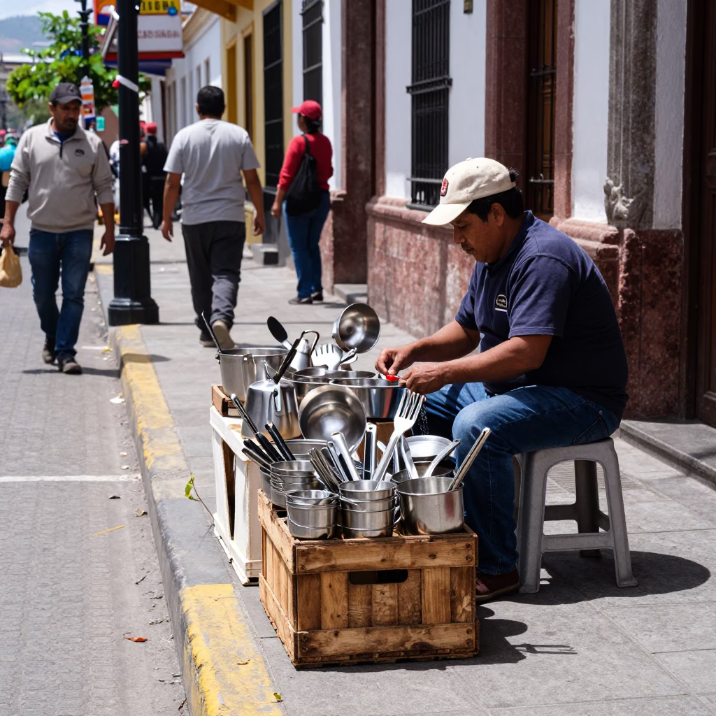 Quito Ecuador noon street scene with kitchen utensil on market stall in in Quito, Ecuador