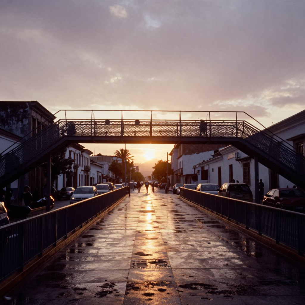Quito Ecuador Pedestrian Overpass at Sunset with Wet Footsteps and Urban Landscape in in Quito, Ecuador
