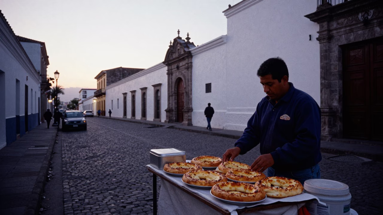 Quito Ecuador Pre-Dawn Street Scene with Biscuit Tin and Manakeesh at Dawn in in Quito, Ecuador