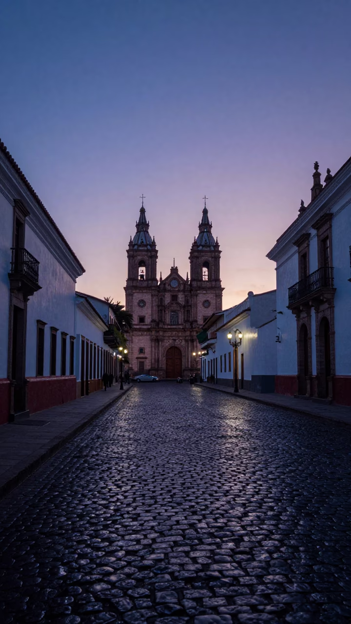 Quito Ecuador Pre-Dawn Street Scene With Cobblestones And Early Morning Commuters in in Quito, Ecuador
