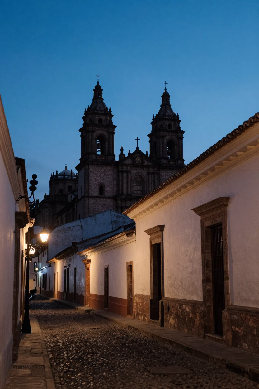 Quito Ecuador Pre-Dawn Street Scene With Iron Hook And Urban Architecture in in Quito, Ecuador