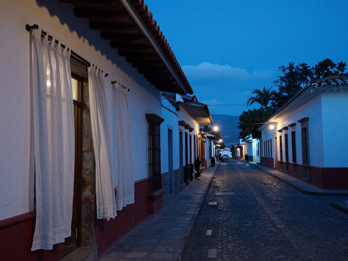 Quito Ecuador Pre Dawn Street Scene With Linen Curtains And Clear Glass Sill Edge in in Quito, Ecuador