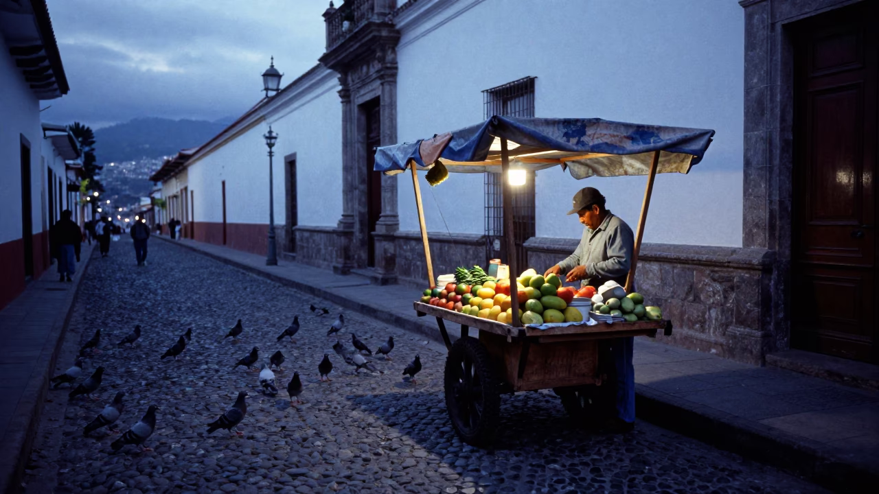 Quito Ecuador Pre-Dawn Street Scene With Local Vendor And Pigeons in in Quito, Ecuador