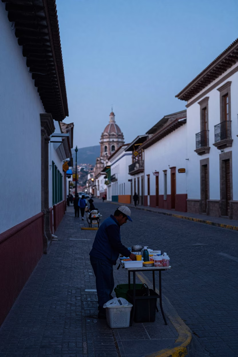 Quito Ecuador Pre-Dawn Street Scene with Local Vendor and Step Stools in in Quito, Ecuador