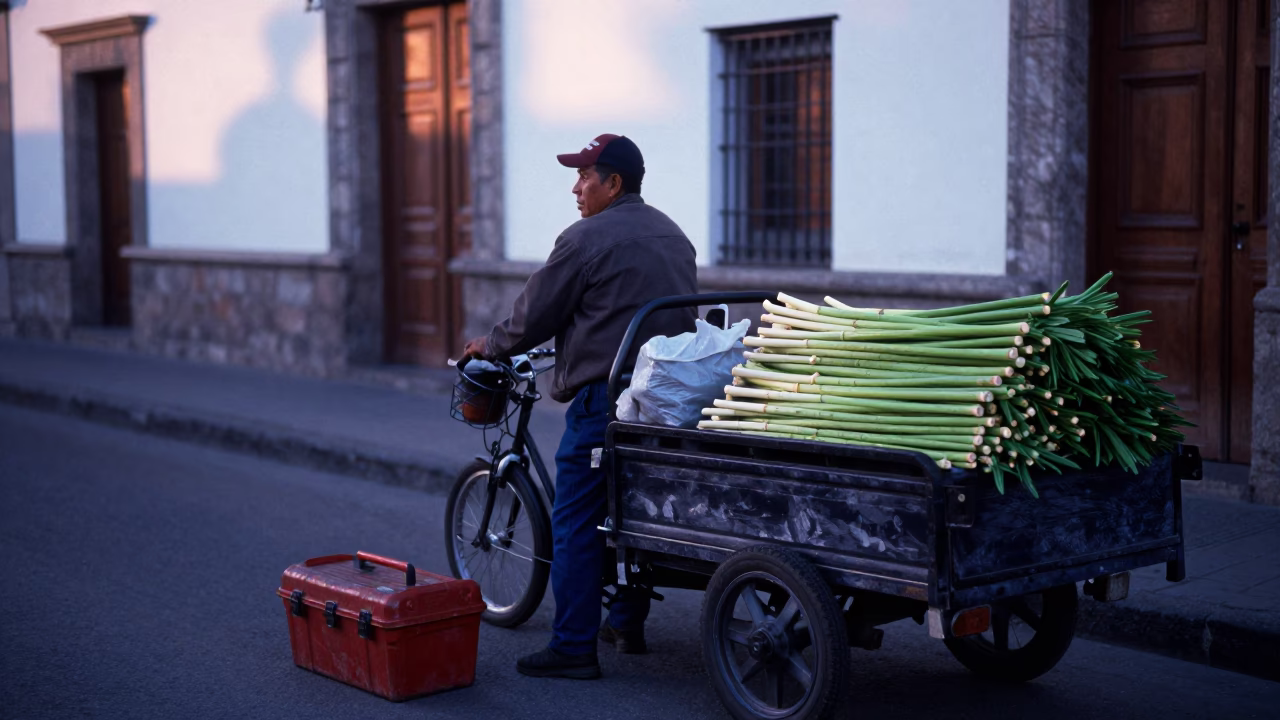 Quito Ecuador Pre-Dawn Street Scene with Toolbox and Lemongrass Vendor in in Quito, Ecuador