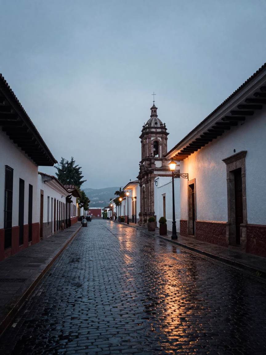 Quito Ecuador pre-dawn street scene with wet cobblestones and colonial architecture in in Quito, Ecuador