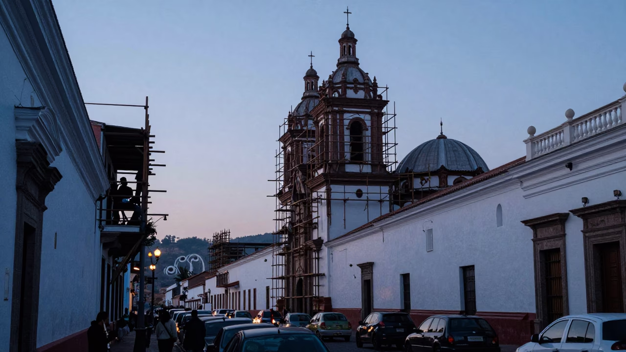 Quito Ecuador Pre-Dawn Street Scene with Wooden Flute and Scaffold Geometry in in Quito, Ecuador