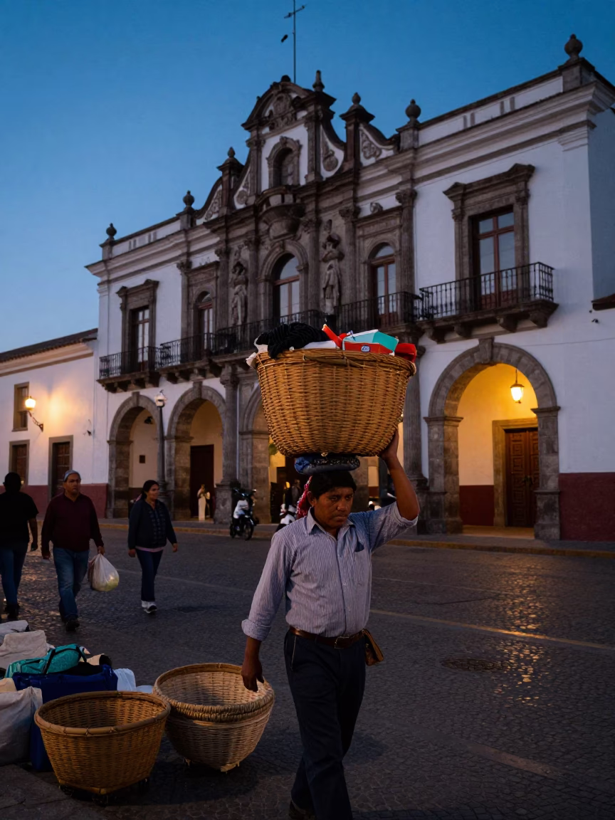 Quito Ecuador predawn market porter carrying baskets on head in dark streets in in Quito, Ecuador