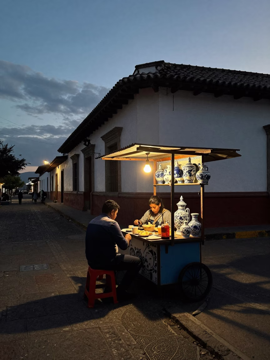Quito Ecuador Predawn Street Scene with Local Breakfast and Porcelain Details in in Quito, Ecuador