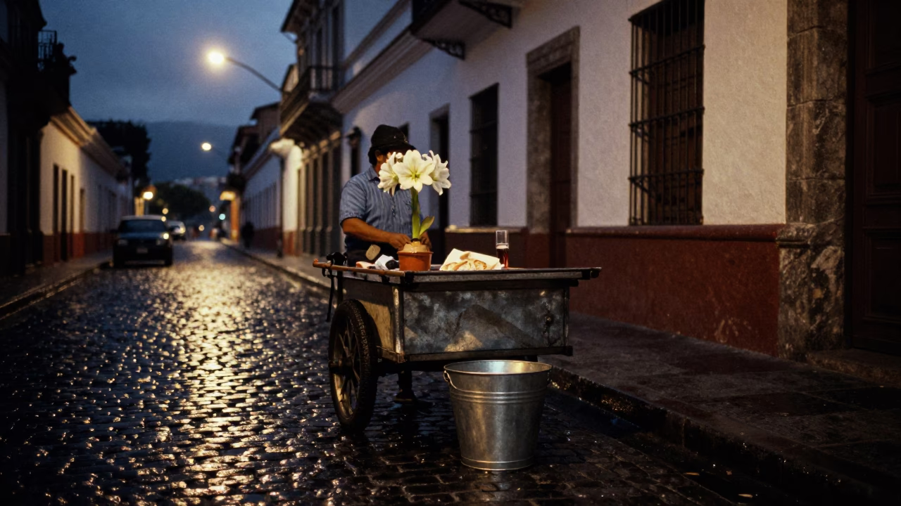 Quito Ecuador Predawn Street Scene With Metal Bucket And Amaryllis Bulb in in Quito, Ecuador