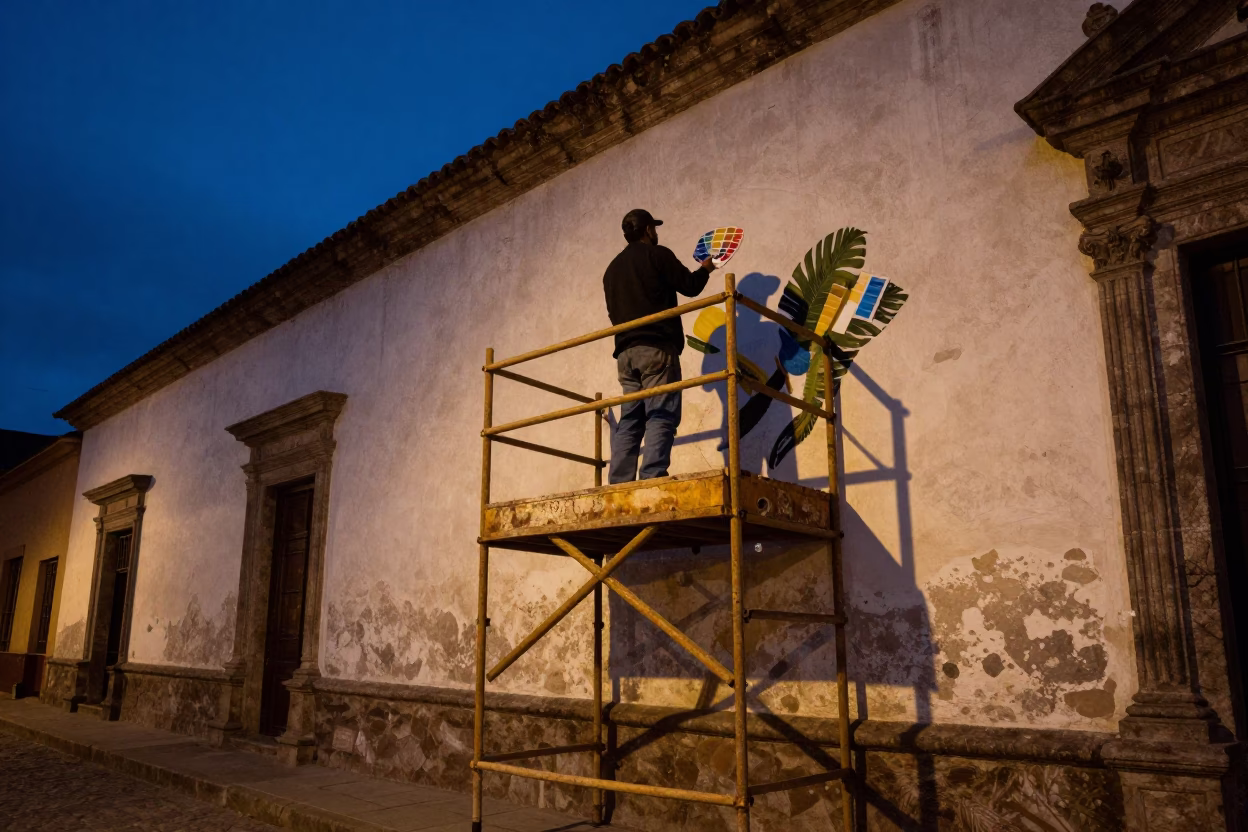Quito Ecuador Predawn Street Scene with Muralist on Scaffold Platform Painting Sample Swatches in in Quito, Ecuador