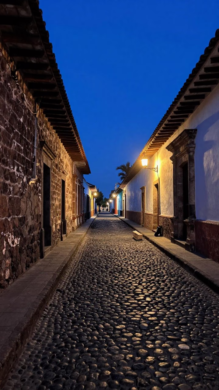 Quito Ecuador Predawn Street Scene with Old Ledger and Boot Scraper in Dark Alleyway in in Quito, Ecuador