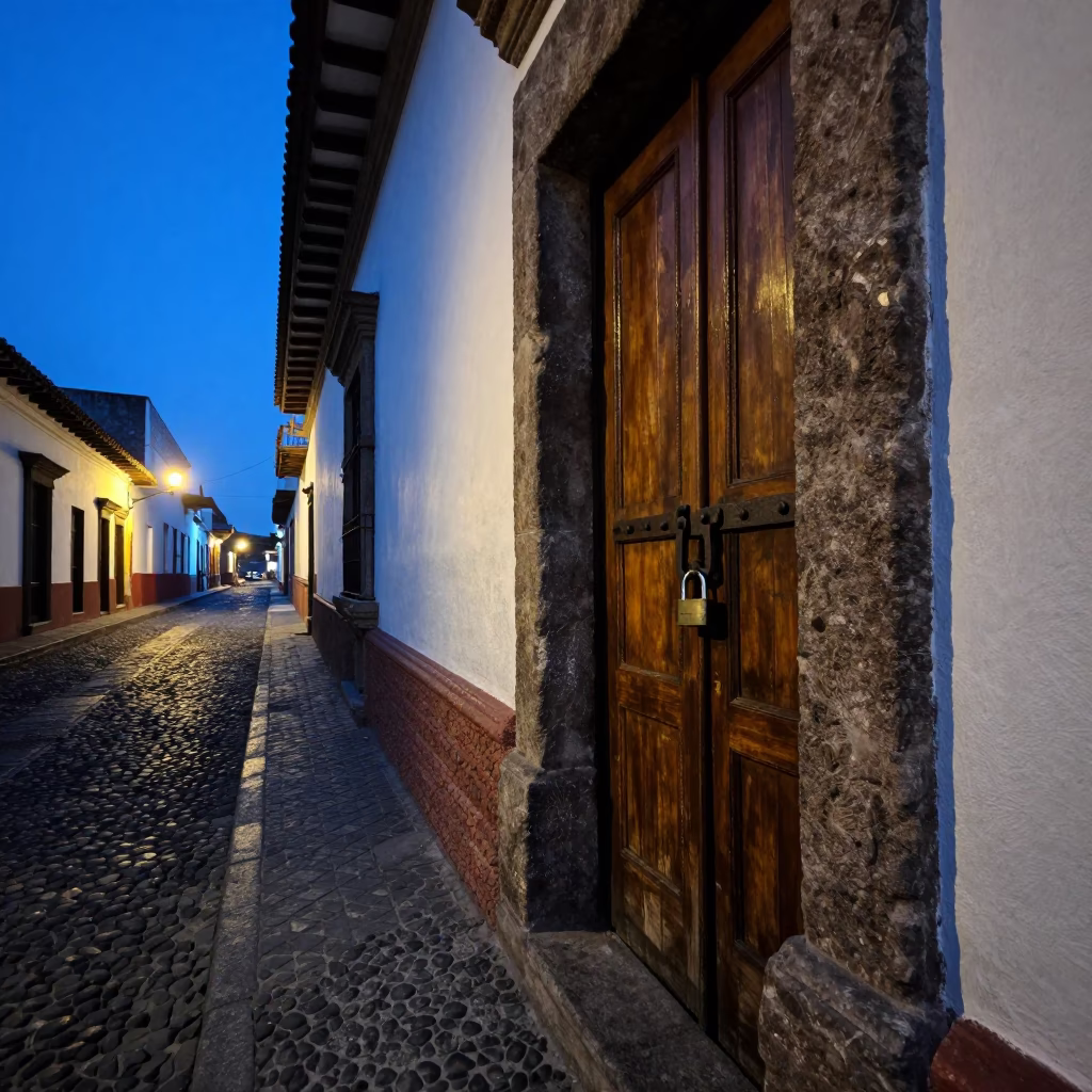 Quito Ecuador Predawn Street Scene With Padlock And Urban Details in in Quito, Ecuador