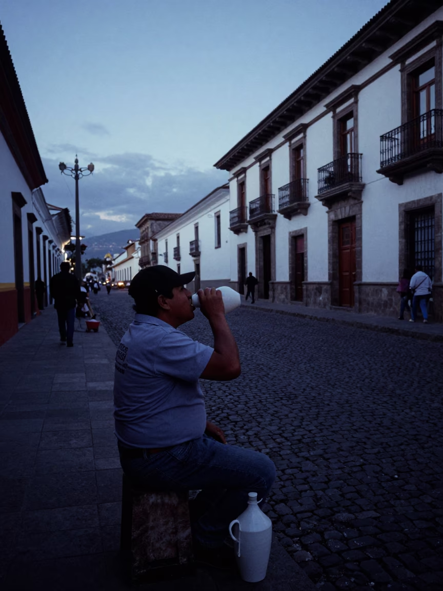 Quito Ecuador Predawn Street Scene with Vendor Drinking Vessel and Early Morning Urban Atmosphere in in Quito, Ecuador