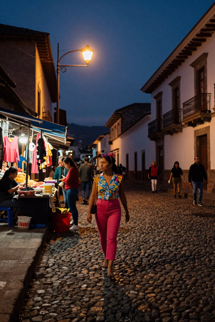 Quito Ecuador Predawn Street Scene with Vintage 1980s Fashion and Urban Details in in Quito, Ecuador