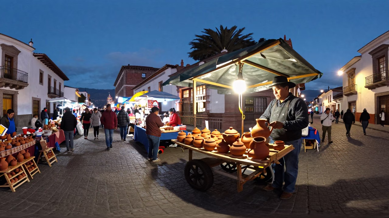 Quito Ecuador Street Corner Evening Market Clay Pot and Folding Stools in in Quito, Ecuador